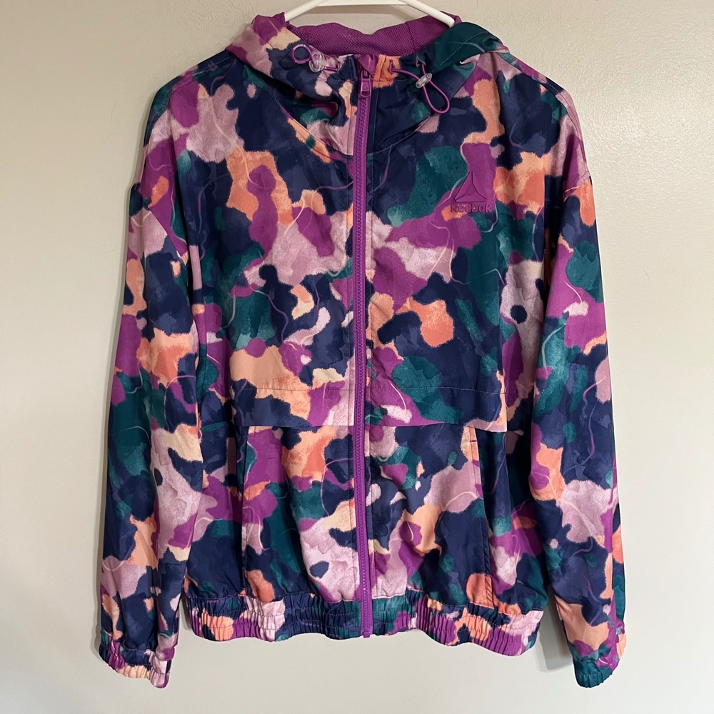 Reebok Womens Abstract Camo Full Zip Hooded Windbreaker Jacket Purple S